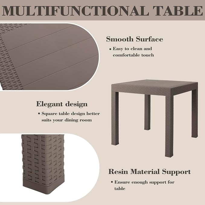 DIMAR GARDEN Patio Dinning Table, Outdoor Resin 31.5" Square Table with Umbrella Hole, Flax Gray