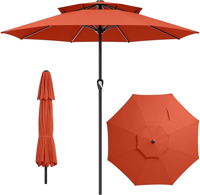 AreShark 12ft 2 Tiers Patio Umbrella - Outdoor Umbrella Waterproof UV Protection, Market Table Umbrella w/ 8 Sturdy Ribs&Crank for Pool, Porch, Garden(Orange)