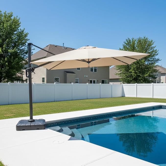 PURPLE LEAF 8' X 8' Patio Umbrella with Base for Pool 7' High Offset Outdoor Cantilever Umbrella Swimming Pool Umbrella with 360°Rotation for Poolside Beige