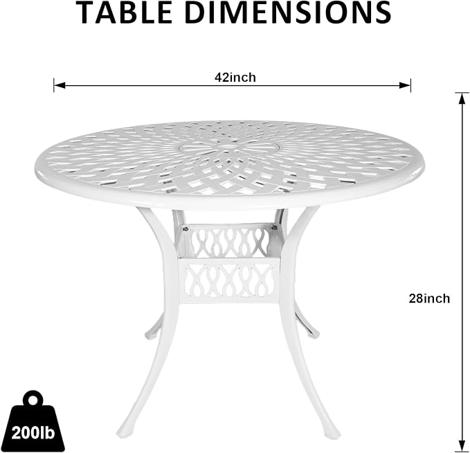 Patio Dinning Set Weather Resistant Cast Aluminum Patio Furniture Set with Umbrella Hole, Bistro Dining Set for Garden (42" x 42" Table D and 4 Chairs White, 5 Pieces)