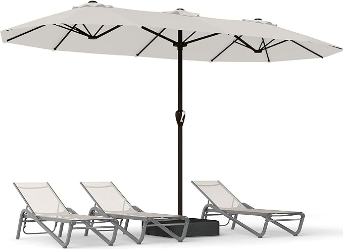 15FT Large Patio Umbrella with Base, Double Sided Rectangular Outdoor Umbrella with Sturdy Fiberglass Ribs, UPF 50+ Sun Protection, Wind-Resistant, Waterproof Fade-Resistant Fabric for Pool, Garden, Backyard, Deck(Creamy-white)