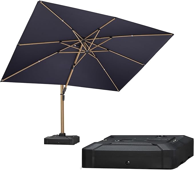 PURPLE LEAF 9' x 12’ Rectangle Patio Cantilever Umbrella With Base Large Hanging Umbrella Teak Finished Aluminum Frame Windproof Offset Outdoor Sun Umbrellas for Beach Pool Deck, Navy Blue