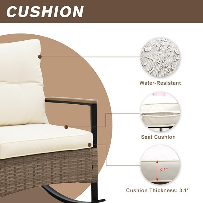 COOS BAY Sunset Haven 3 Piece Outdoor Patio Furniture Set, Rocking Chairs with Side Table, Wicker Patio Bistro Set, Brown/Beige