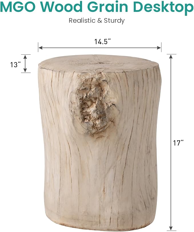 SUNBURY Outdoor Side Table Set of 2, Tree Stump Side Table Antique Beige Colored Faux Wood, End Table Wood Stump Stool, Ottoman or Plant Stand, Deck or Garden