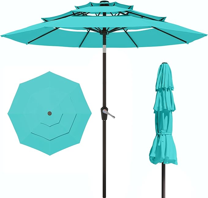PatioKingdom 9ft 3-Tier Patio Market Umbrella with Crank/Tilt, Commercial Heavy Duty Wind Proof,Outdoor Table Umbrella with 8 Fiberglass Ribs,UPF50+ for Deck,Pool,Garden,Backyard (Peacock Blue)