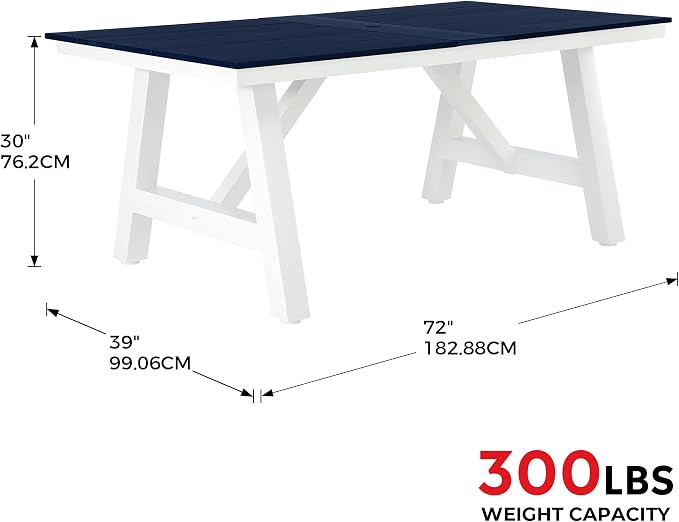 Costaelm Outdoor Dining Tables for Patio, 72" Rectangle 6-Person HDPE Dining Table with Umbrella Hole and Metal Frame for Outside, Garden, Poolside, Backyard, Porch, Balcony, Navy Blue