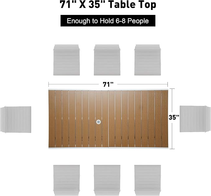 Dporticus Outdoor Dining Table for 6-8 Person, 71” Rectangular Patio Table with 1.6” - 2” Adjustable Umbrella Hole and Wood Like Tabletop for Outside or Indoor, Brown and White