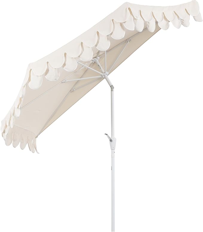 JONATHAN Y Terrace Scalloped 9 ft. Half Round Patio Umbrella with Crank Lift and Tilt, Coastal Semicircle Market Wall Umbrella for Balcony, Cream/White, White Pole UMB1202C