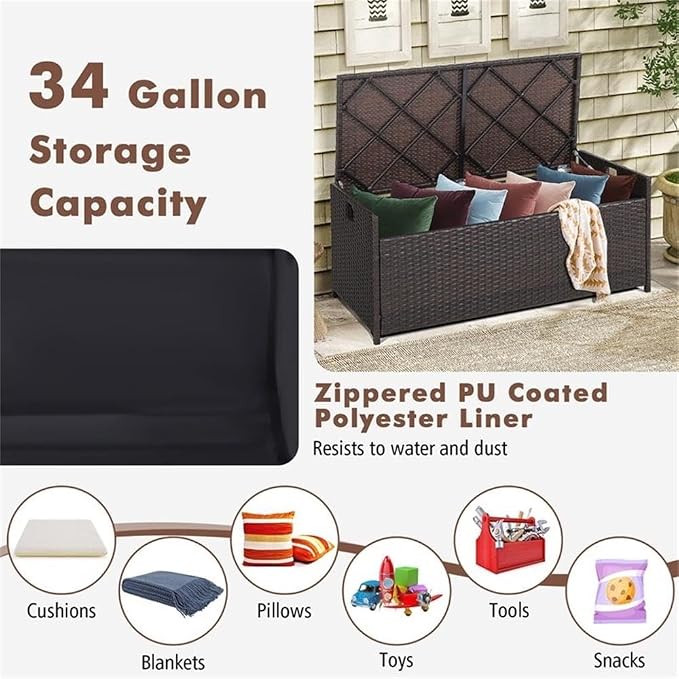 Pemberly Row 34 Gallon Patio Wicker Storage Deck Box, Hand-Woven PE Rattan Finish, Off Brown Color, Water-Resistant Lining, Gas Strut Lid, Cushion Seating, Multi-Functional for Outdoor Use