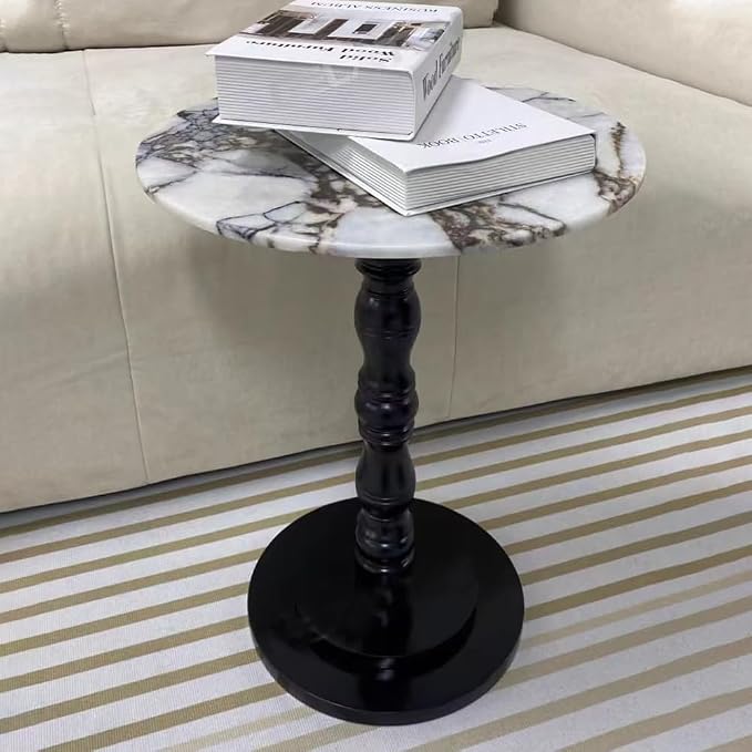 Natural Marble Top Side Table, Solid Wood Base, 16 Inches, Natural Transitional Style for The Living Room and Bedroom Storage and Display (R0MA350-white)