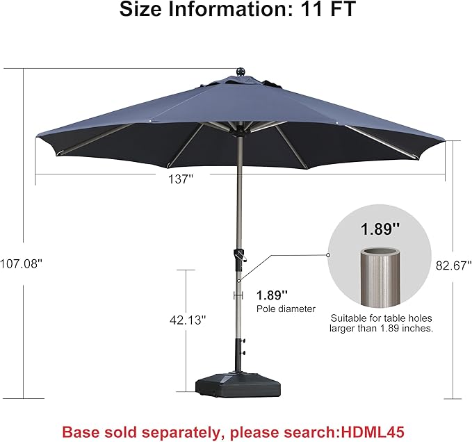 PURPLE LEAF 11' Round Patio Umbrella, Aluminum Outdoor Umbrella for 3 Year Fade Resistant, Sturdy Market Umbrella for Deck Garden, Patio, or Lawn