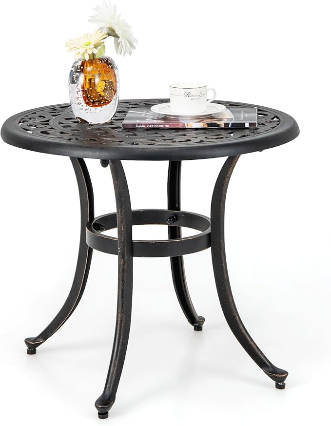Tangkula 24 Inch Patio Side Table, Cast Aluminum End Table with Adjustable Footpads, Outdoor Small Coffee Table, Round Metal Patio Table for Poolside, Backyard, Balcony (1, Black)