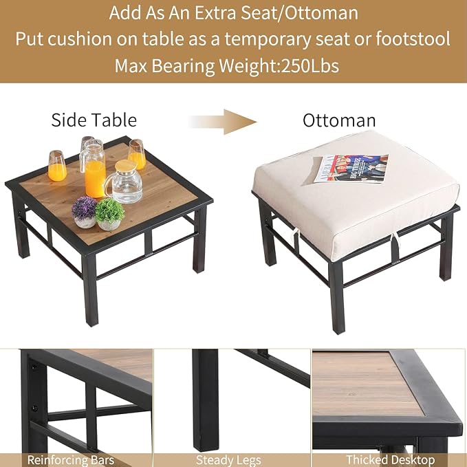Aluminum Composite Panel Outdoor End Table, Weather Resistant, Black with Wood Grain, Square, Modern, Outdoor Side Table