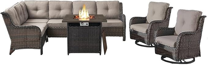 Belord Patio Furniture Set with Fire Pit Table, Outdoor Swivel Rocker Patio Chairs, Oversized Outdoor Sectional Couch, Two 3-Seater Sofas with Coffee Table, Ideal for Porch, Deck, Brown Wicker/Gray