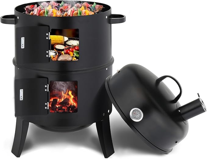 ROVSUN Upgraded 18 Inch Multi-Layer Charcoal Smoker Grill with Chimney, Heavy Duty Round Grill, Vertical Smoker with Thermometer, for Outdoor Cooking, Patio, Parties, Backyard BBQ