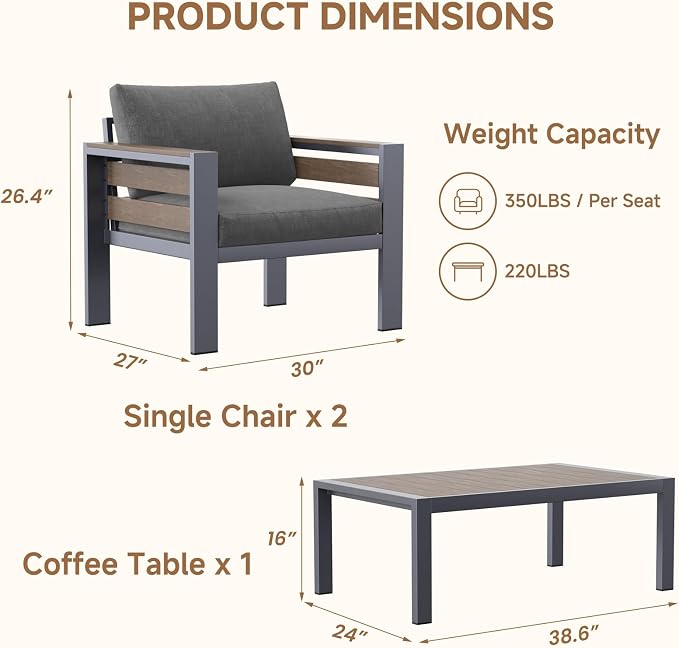 SUNYRISY Aluminum Outdoor Patio Furniture Set with Coffee Table, 3 Piece Metal Outdoor Modern Conversation Sets with Thick Cushions, Sectional Sofa Couch Set for Porch, Deck, Backyard