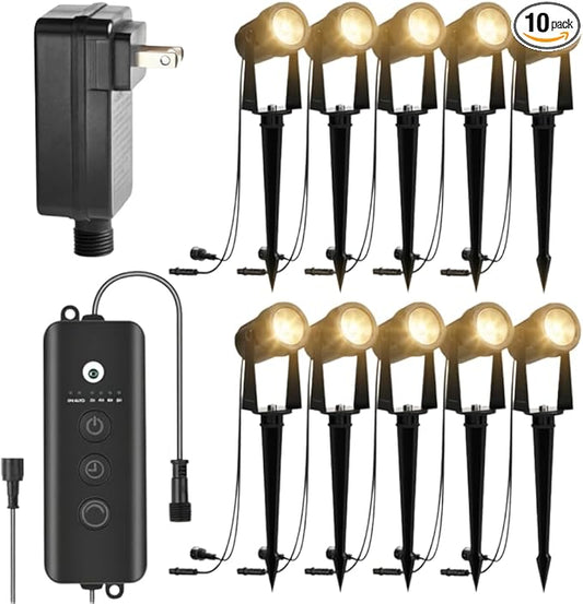 ZYAN Landscape Spotlights with Sensor, 5 Lighting Modes for Brightness Adjustment, Dimmable Timer Auto On Off, Low Voltage Outdoor IP65 Waterproof for Patio Yard Garden Pathway, Warm White (10 Pack)