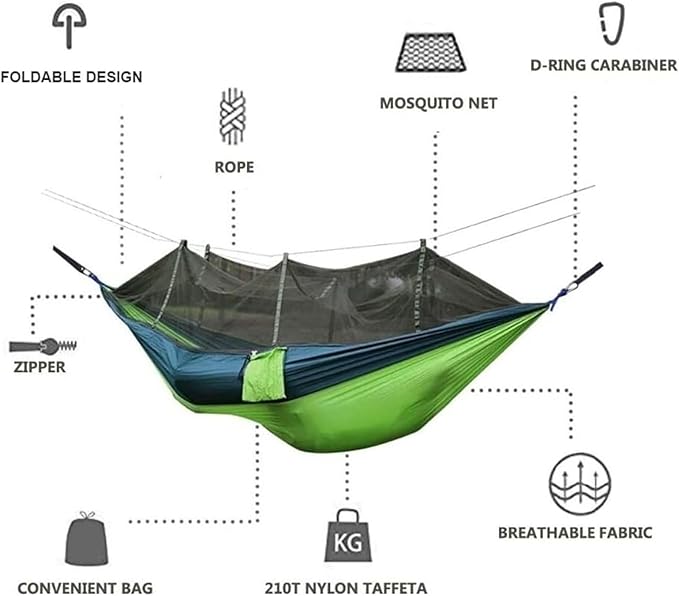 Hangmat Hammock with Net, Double & Single Portable Outdoor Hammocks Parachute Lightweight Nylon with Tree Straps Buiten Hammock(Blue)