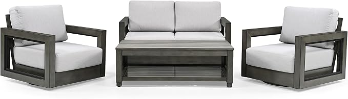 HAPPATIO Oversized Aluminum Patio Furniture Set, Outdoor Conversation Set 4 Pieces with Loveseat, 2 Swivel Sofa Chairs,1 Coffee Table, Extra Large Seat with Thicken Cushion for Deck Poolside, Grey