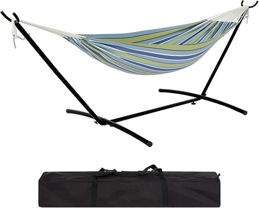 Steel Frame 2-Person Hammock Suite with Stand,450lbs Capacity, 2 Person Cotton Rope Portable Hammock with Polyester Quilted Pad and Pillow,for Garden Yard,Camping and Patio.