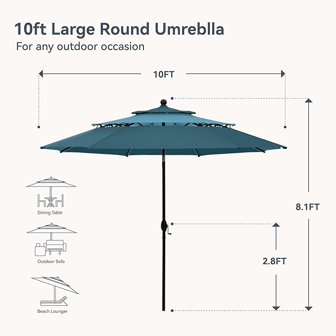 PHI VILLA 10ft Outdoor Patio Umbrella for Outside, 3 Tier Vented Round Market Table Umbrella Windproof for Backyard, Deck, Garden, Cyan & Green (No Base)