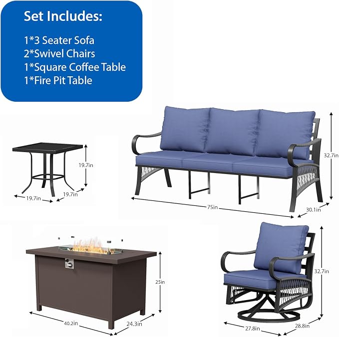 5 Piece Patio Furniture Set with 50000 BTU Propane Fire Pit Table, All Weather Outdoor Conversation Set with 2 Swivel Chairs, Sofa and Thick Cushions for Garden, Porch, Lawn, Blue