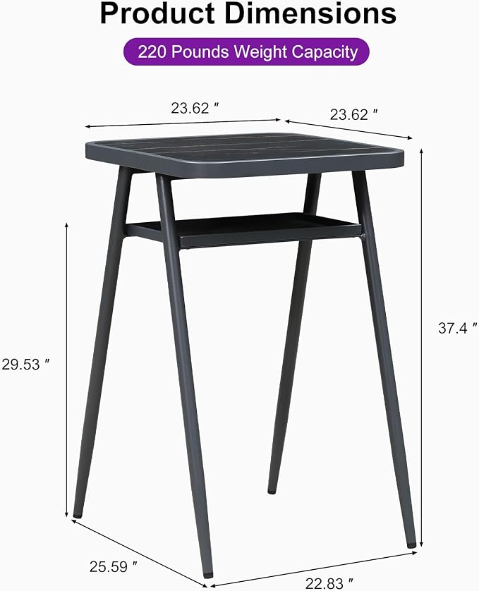 PURPLE LEAF Counter Height Table Patio SquareTable with Shelve Dining Coffee Kitchen Breakfast Bistro Outdoor Pub Bar Table for Garden Balcony, Dark Grey