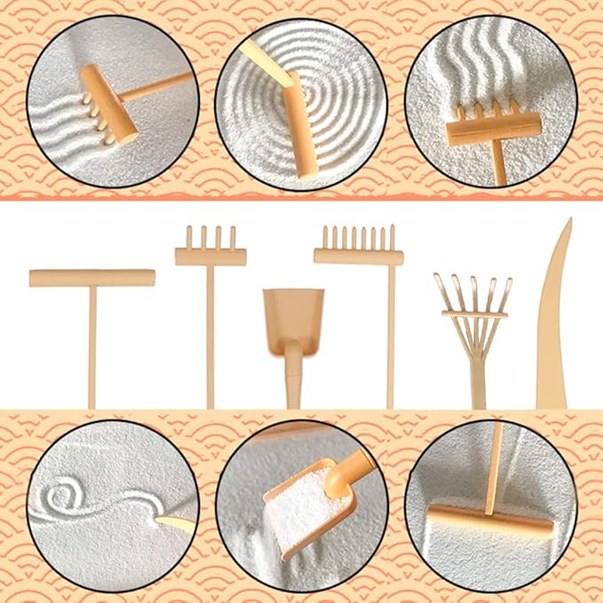 Pilarmuture 6pcs Mini Zen Garden Rake Tool,DIY Sand Zen Garden Tools for Office,Tasteful and Elegant Zen Garden Tools,Meditation Rock Sand Garden Accessories(Beige)