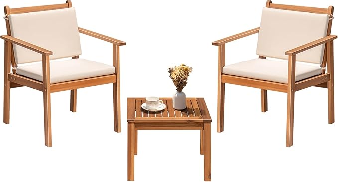 Greesum Outdoor Patio Furniture, 3 Piece Bistro Sofa Set with 1 Coffee Table and 2 Chairs, Acacia Wood Conversation Sets with Cushions, for Garden, Backyard, Poolside, White