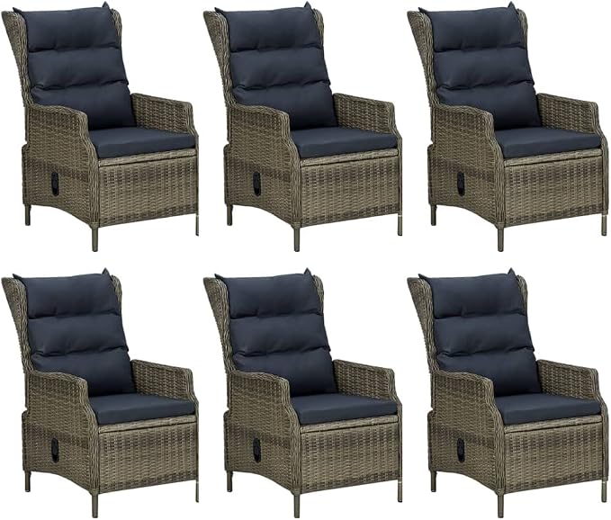 7 Piece Patio Dining Set Brown Poly Rattan with 6 Adjustable Reclining Chairs & Cushions, Outdoor Rattan Dining Table with Tempered Glass Weather Resistant Conversation Set for Garden Backyard Deck