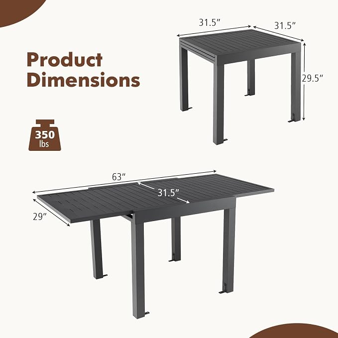 Tangkula 31.5"-63" Extendable Patio Dining Table, Aluminum Outdoor Dining Table for 4-6 People, L-Shaped Brace Included for Fixation, Space-Saving Outside Table for Garden, Porch, Poolside, Dark Grey