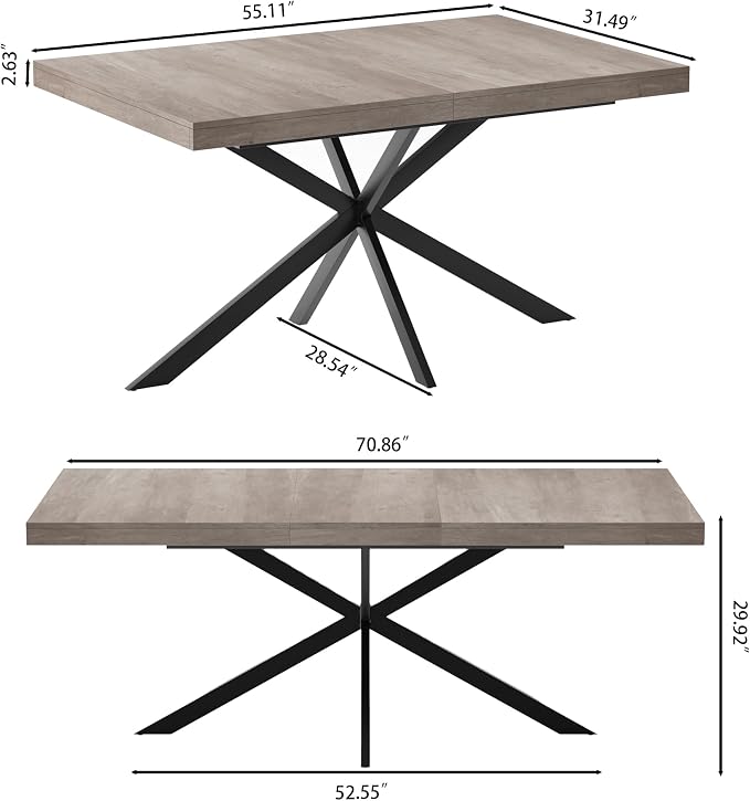 55.11" -70.86" Extendable Dining Room Table, Retro Folding Dining Tables for 4-6 People with Antique Wood Top/Black Fine Sand Cross Iron Foot Base/Storage Box, Grey