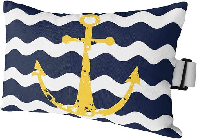 Outdoor Pillows Covers with Inserts Navy Blue Wave Stripes Yellow Nautical Anchor Waterproof Recliner Pillow with Adjustable Strap Throw Pillows for Patio Furniture Pool Lounge Chair, 11x16 inch, 1PCS