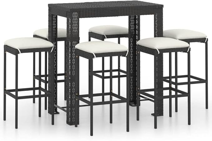 7 Piece Patio Bar Set with Cushions,Garden Table and Chairs Sets,Garden Conversation Sets, Outdoor Patio Furniture,for Patio,Backyard,Garden,Poly Rattan Black