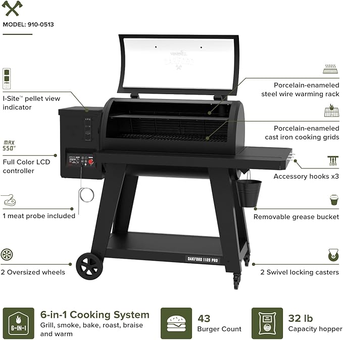 Oakford 1125 Pro Pellet Gril with 1069 SQ In Cooking Area, Cast Iron Grates, I-Site View Indicator, Heavy Duty Pellet Smoker Grill with Bluetooth Connectivity - 910-0513