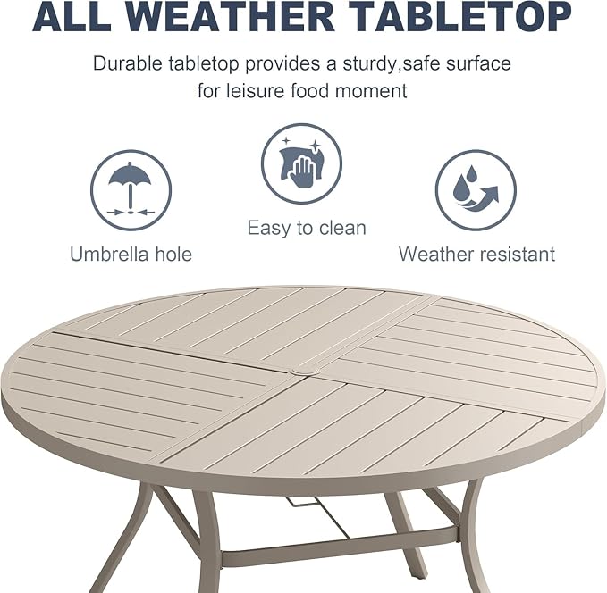 VICLLAX 7 Pieces Patio Outdoor Dining Set, 6 Swivel Textilene Chairs and 53" Round Metal Table with Umbrella Hole for Porch, Deck, Garden, Sandshell