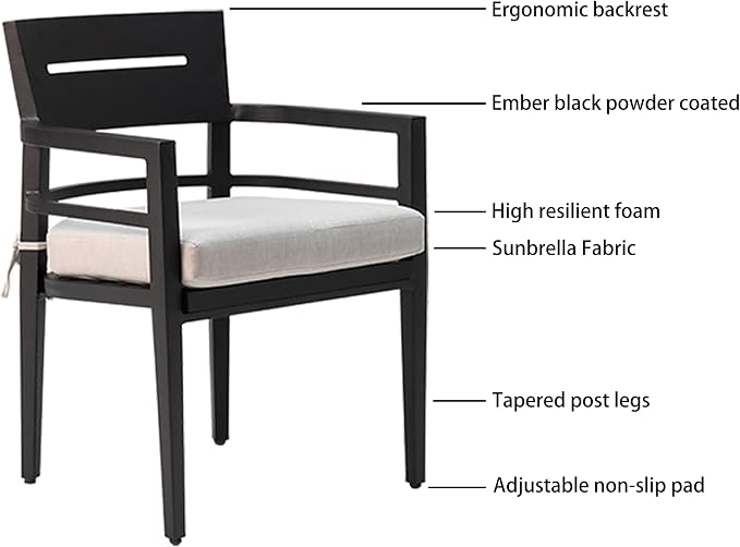 5-Piece Patio All Aluminum Furniture Set, All-Weather Resistant Outdoor Patio Set, 40" Square Dining Table with Umbrella Hole and 4 Dining Chairs Fabric Upholstered, Ember Black