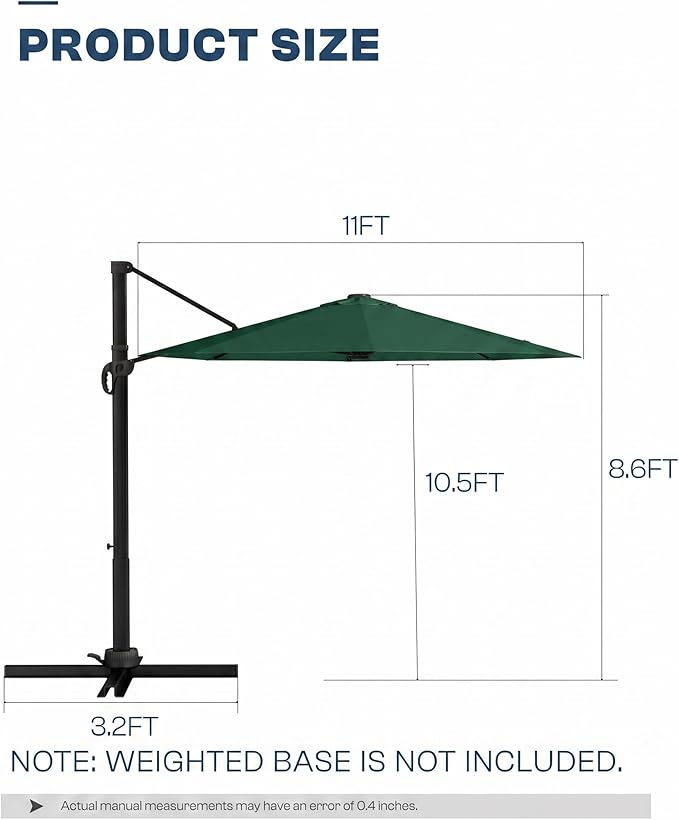 11 FT Round Cantilever Umbrella,Easy Tilt, Fade Resistant & 360° Rotation, Offset for Pool Deck Backyard Patiodark green (Base not Included)