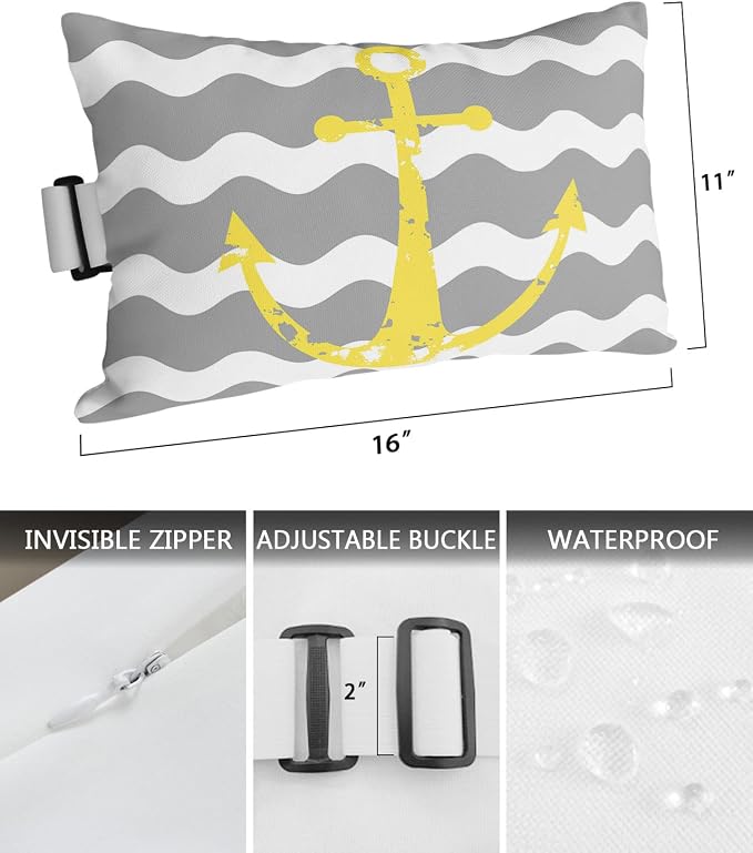 Outdoor Pillows Covers with Inserts Yellow Nautical Anchor Grey Wavy Stripes Waterproof Recliner Pillow with Adjustable Strap Throw Pillows for Patio Furniture Pool Lounge Chair, 11x16 inch, 1PCS
