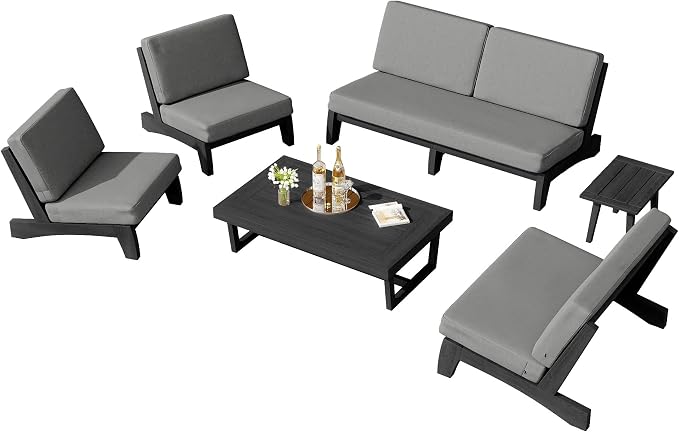 6 Piece Teak Outdoor Patio Frutnire Set, 7 Seater Patio Conversation Sets with Thick Cushions, Outdoor Sectional Furniture with Coffee Table - Gray