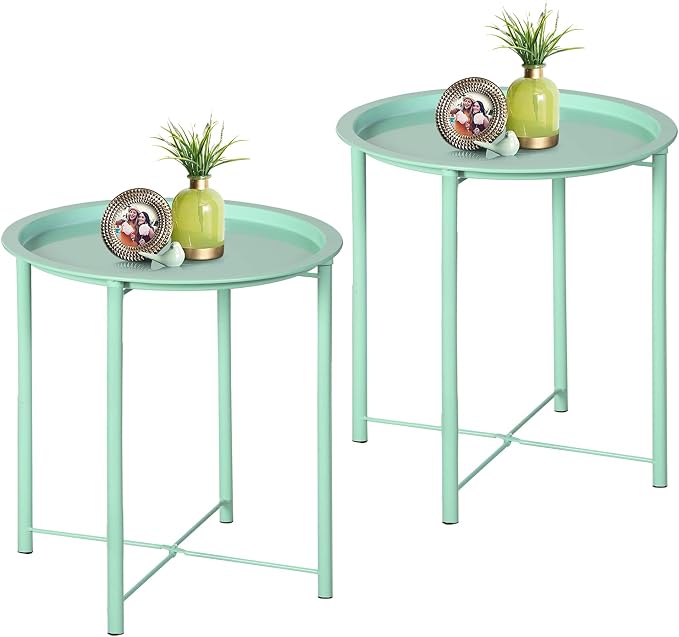 VECELO Side/End Table, Folding Round Metal Anti-Rust and Waterproof Outdoor or Indoor Tray for Living Room Bedroom Balcony and Office, 2 PCS, Light Green