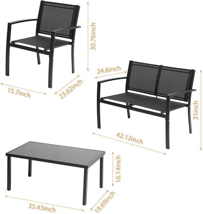 Henf 4 Pieces Patio Conversation Set, Outdoor Patio Furniture Set with Tempered Glass Coffee Table & Textilene Fabric/Iron Sofa for Porch Garden Poolside, Black