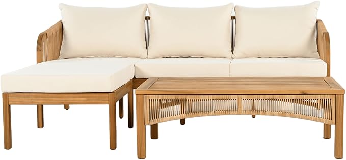 Christopher Knight Home Havets 3 Pieces Acacia Wood Patio Furniture Set, Faux Rattan Sofa and Coffee Table, Outdoor Conversation Sets with 6" Thick Cushions for Backyard Garden Balcony, Teak+Beige