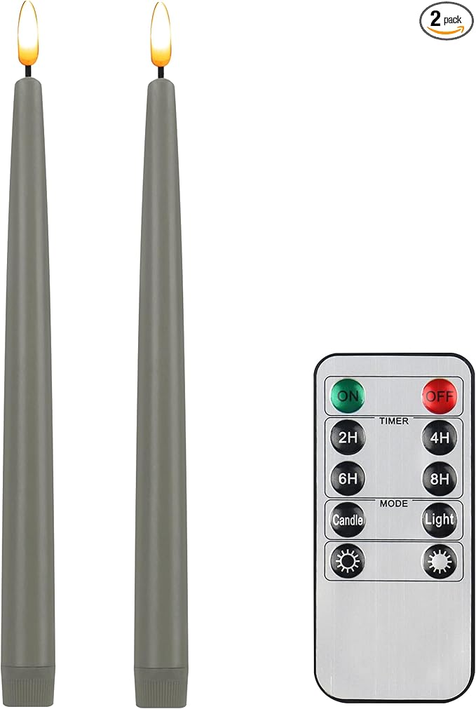 CVHOMEDECO. Flameless Taper Candles with 10-Key Remote, Battery Operated Led Flickering 3D Wick Window Candles Real Wax Finished Home Christmas Party Decor 0.78 x 11 Inch, Pack of 2, Grey