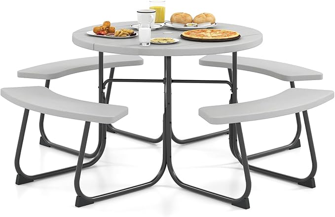 Moccha Picnic Table Bench Set - Outdoor Table and Chairs with Umbrella Hole, HDPE Tabletop & Metal Frame, Dining Table Set, Outdoor Camping Table for Garden Backyard Porch Patio Table Set (Grey)