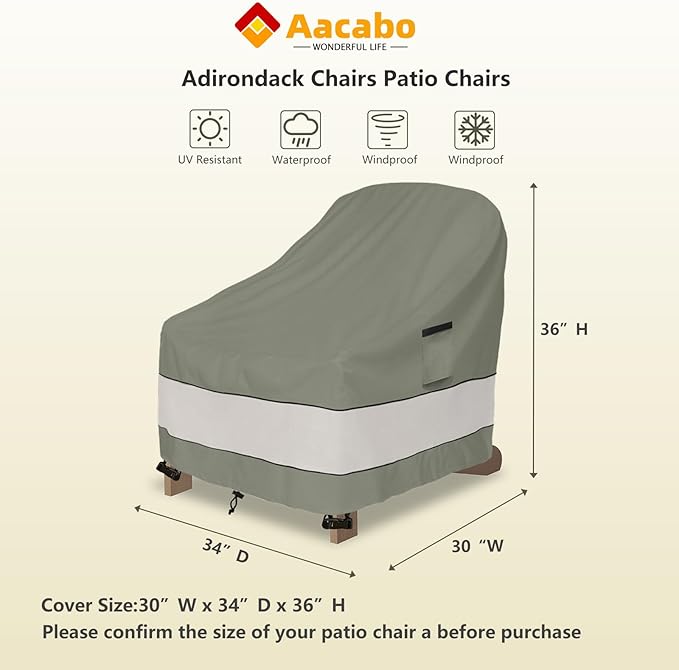 Outdoor Adirondack Chair Cover 2 Pack,Waterproof 100% Patio Chair Covers,30W x 34 D x 36 H inches,Patio Adirondack Chair Cover for Outdoor Chair -Grayish Green