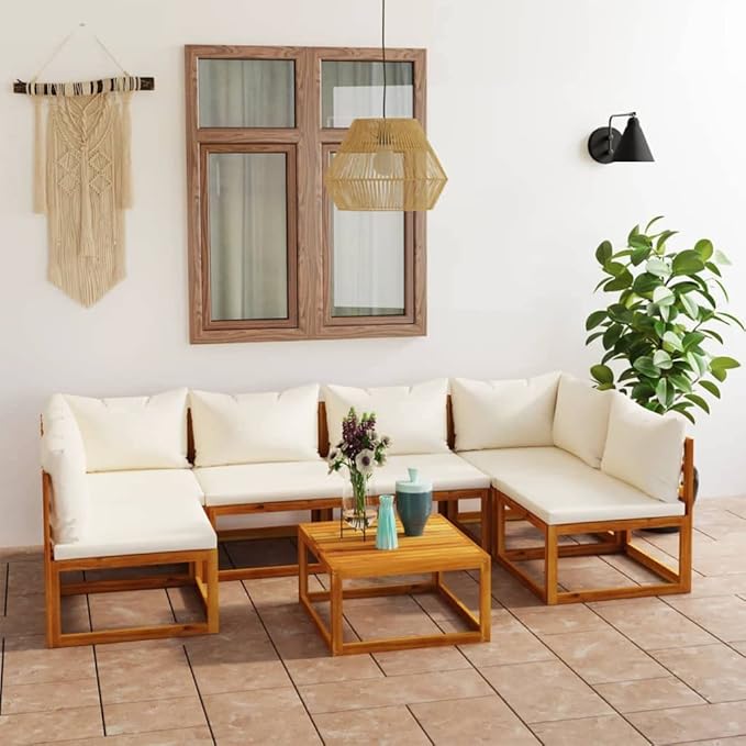 Patio Lounge Set with Cushion,Outdoor Patio Furniture,Outdoor Chat Conversation Set,Garden Furniture Sets,for Patio,Backyard,Garden,Outdoor,7 Piece Cream Solid Acacia Wood
