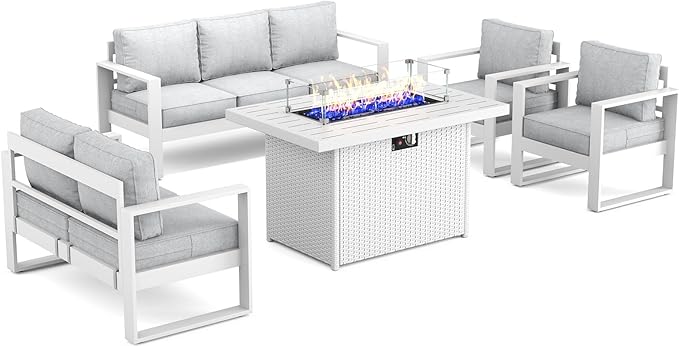 Outdoor Aluminum Furniture Set with Fire Pit Table - 5 Pieces Modern Patio Conversation Sets Metal Sectional Sofa Set