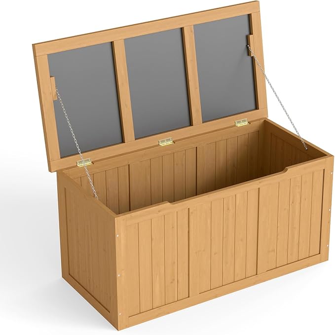 Domesto 112 Gallon Extra-Large Outdoor Deck Box, Solid Wood Storage Box Seat & Table Top, For Patio Cushions, Pool, Garden Tools (Light Brown, 67 Gallon)