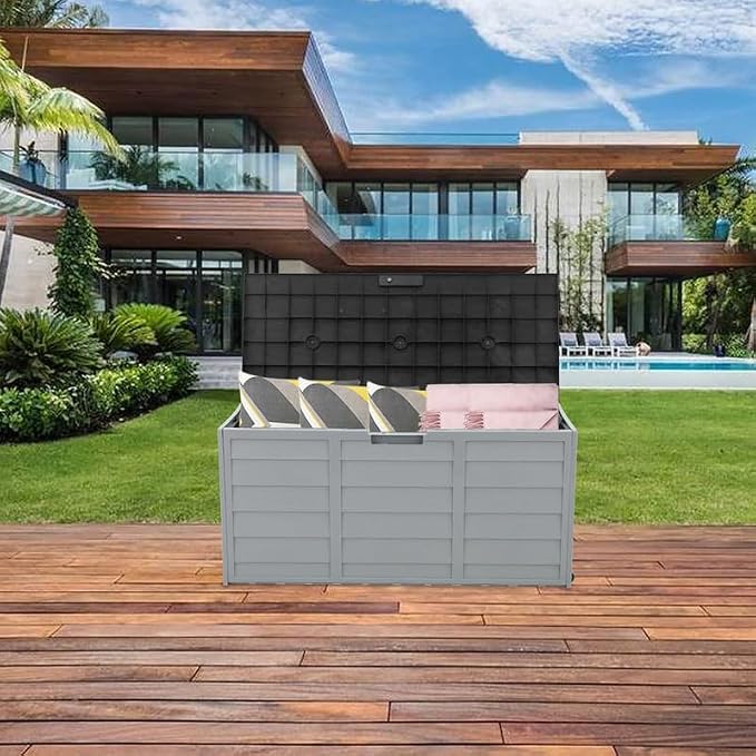 NOLLAM Garden Plastic Storage Deck Box 260 L Outdoor Storage Unit with Lockable Seat Chest Tools Cushions Toys Patio Furniture Patio Storage Box Elegant Storage Bench for Cushions Garden Tools, Black
